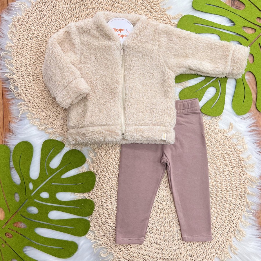 Conj. Jaqueta de Pelinho com Fios Dourados e Calça Legging - Creme e Marrom